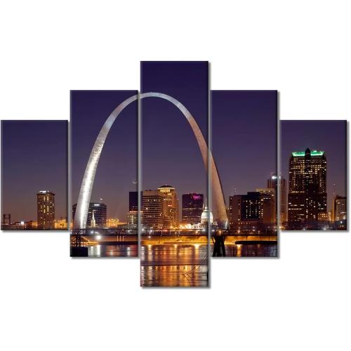 TUMOVO 5 Piece Wall Art St. Louis, Missouri Skyline Wall Pictures for Living Room Arch Home Decor Modern Night Cityscape Poster Prints on Canvas Stretched and Framed Ready to Hang (60''Wx 40''H)