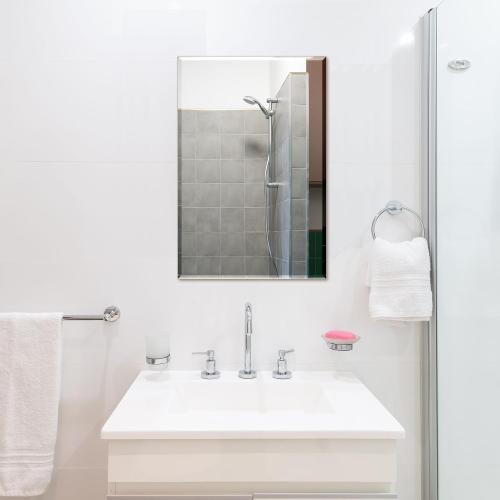 Frameless Bathroom Mirror for Wall, Rectangle Beveled Edge Mirror for Over Sink, Tempered Glass, Shatterproof, Hangs Horizontally or Vertically for Living Room, Entryway, Restroom, 24 x 16