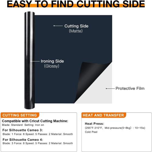 HTVRONT HTV Heat Transfer Vinyl Roll- 12 x 8ft Black HTV Vinyl for Shirts, Iron on Vinyl for All Cutting Machine - Easy to Cut & Weed for Iron Design (Black)