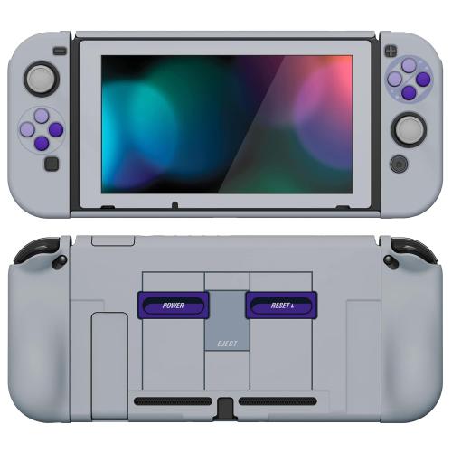 Grey & Purple PlayVital AlterGrips Ergonomic Grips Cover for Nintendo Switch, [2 Design] Interchangeable Comfort Dockable Protective Case with Screen Protector & Thumb Grip Buttons Caps - Classics SNES Style