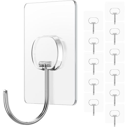 JINSHUNFA Adhesive Wall Hooks 13LB Heavy Duty No Drill Large Transparent Waterproof Hooks for Bathroom Kitchen Towel Coat 12 Pack