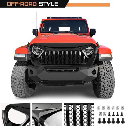 Color Black Front Vader Grille Compatible with 2018-2025 Wrangler JL & 2020-2025 Gladiator JT, w/o TrailCam (Glossy Black)