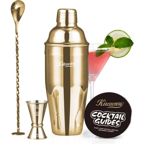 KITESSENSU Cocktail Shaker Set, Stainless Steel Bartending Kit with 25 Ounce Cocktail Shaker with Built in Drink Strainer, Measuring Jigger, Mixing Spoon & Drink Recipe Guide, Gold