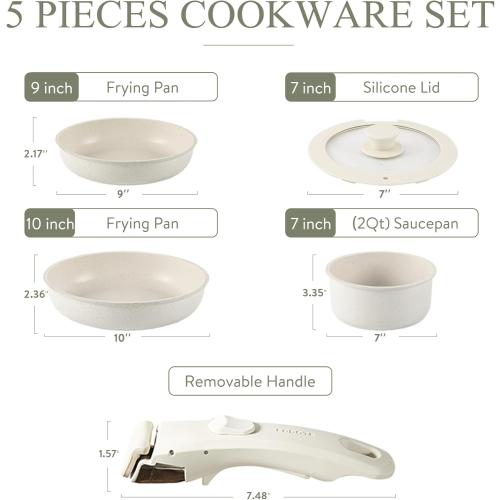 CAROTE Pots and Pans Set Non Stick, 5pcs Cookware Sets, Dishwasher/Oven/Fridge Safe, Kitchen Set, Space Saving Pots Set, Nonstick Set with Versatile Detachable Handle, Induction RV Set