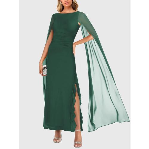 MEDIUM Lrady Women's Formal Evening Gowns High Split Ruffle Wedding Guest Cape Sleeve Cocktail Party Maxi Dresses