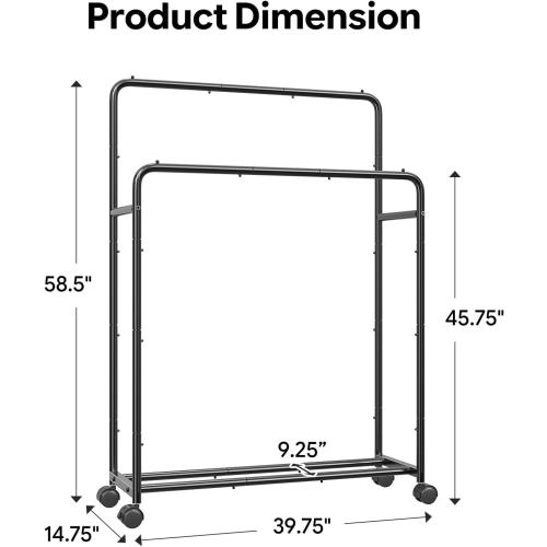 Simple Trending Clothing Clothes Rack Double Rods with Wheels, Rolling Metal Garment Rack for Hanging, Black