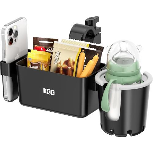 KDD Stroller Cup Holder with Snack Tray, 3-in-1 Universal Stroller Tray with Phone Holder, Removable Drink Holder, 360 Rotation Tray Attachment for Uppababy, Nuna, Wheelchair, Bike, Walker, Scooter