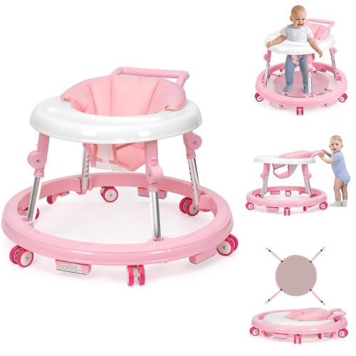 Pink Baby Walker Foldable with 9 Adjustable Heights, Baby Walker with Wheels Portable, Infant Toddler Walker for Baby Boy Girls 6-18 Months (Pink)