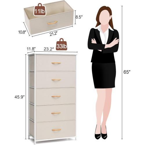 Crestlive Products Vertical Dresser Storage Tower - Sturdy Steel Frame, Wood Top, Easy Pull Fabric Bins - Wide Organizer Unit for Bedroom, Hallway, Entryway, Closets - 5 Drawers(Beige)