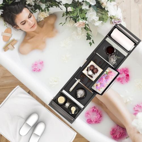 Black Bath Caddy Tray for Bathtub - Bamboo Adjustable Organizer Tray for Bathroom with Free Soap Dish Suitable for Luxury Spa or Reading(Black)