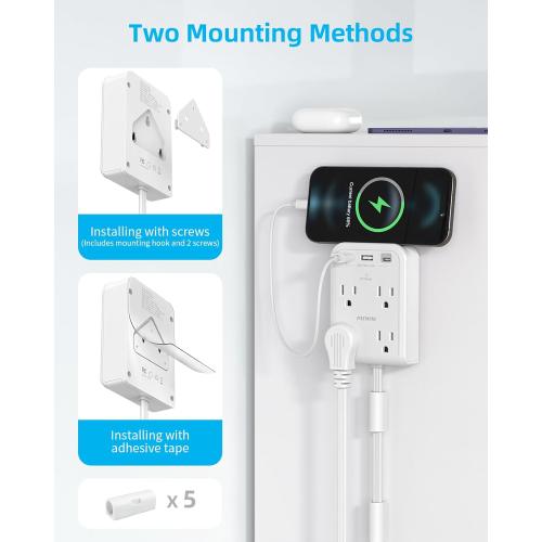 Short Power Strip 2FT - Flat Wall Extension Cord with 4AC Outlet and 3 USB Ports(1 Type C), Multi Plug Outlet Extender Small Surge Protector for Home Office Dorm, White