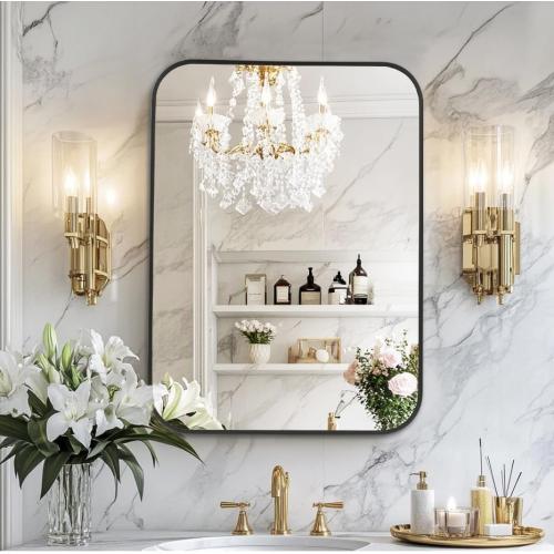 MZON 24x36 Inch Matte Black Bathroom Mirror, Rounded Rectangle Mirror for Living Room or Bathroom, Anti-Rust Frame & Tempered Glass, Horizontal/Vertical Mount - Luxe & Modern Home Decor