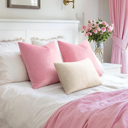 EMEMA Pack of 2 Velvet Throw Pillow Covers Decorative Square Pillowcase Soft Solid Cushion Case for Sofa Bedroom Chair Car 18x18 Inch Bright Pink