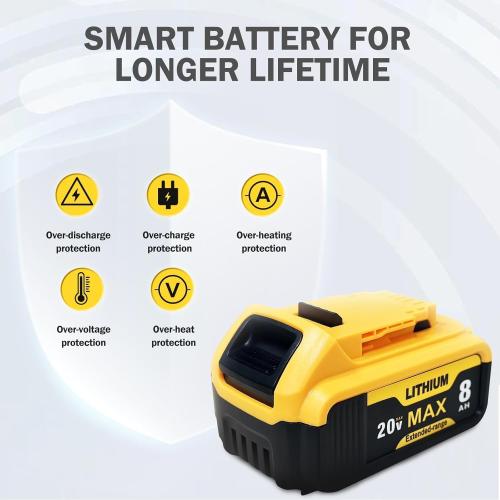 2-Pack 8000mAh Replacement for Dewalt 20V MAX Battery - Compatible with DCB200 DCB206 DCB207 DCB201 and Cordless Tools, High Capacity & Long-Lasting Power