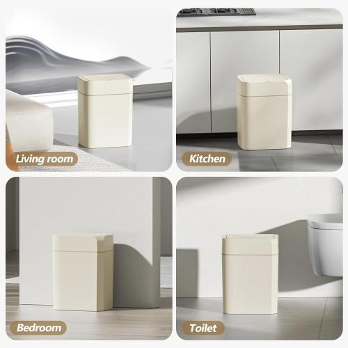 ELPHECO 2 Pack 3.5 Gallon Bathroom Trash Can with Lid Motion Sensor Slim Garbage Can Bathroom Decor Waterproof Smart Small Trash Bin for Kitchen, Office, Bedroom, Living Room, Toilet, Cream Beige