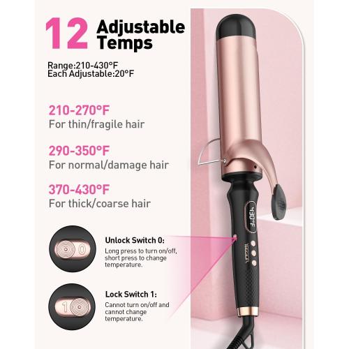 YEEGOR 2 inch Extra Large Curling Iron,Long Barrel Culing Wannd,100-240V Dual Voltage Hair Curler for Big Wave Curls,12 Temps