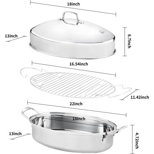 22 Large Roasting Pan with Rack and Lid,Oval Turkey Roaster Pan for oven,Stainless Steel Roasting Pan with rack,Best Gift for Mother or Father.