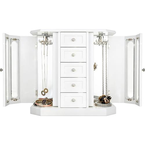 RR ROUND RICH DESIGN Vintage Jewelry Armoire with Mirror White | Solid Wood Jewelry Box Organizer with 5 Drawers & 2 Glass Doors - Large Capacity Desktop Dresser Case