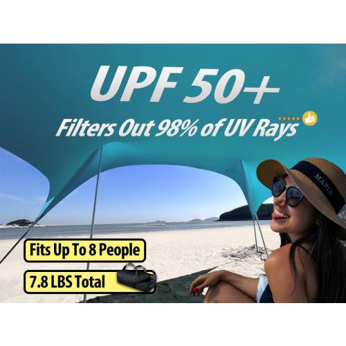 10×10ft UPF50  Beach Tent Sun Shelter, Windproof Stable Outdoor Pop Up Beach Shade Canopy for Camping, Fishing, Backyard Fun or Picnics, 2 Poles