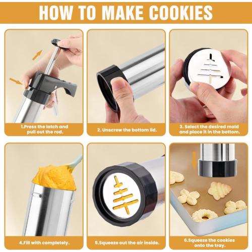 Stainless Steel Cookie Press Gun Kit with 13 Discs & 8 Tips for Baking, DIY Spritz Cookies, Biscuits & Cake Decorating Supplies