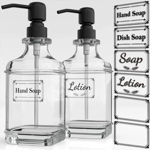 GLADPURE 2 Pack Soap Dispenser, 18 Oz Antique Design Thick Glass Hand Dispensers; with 304 Rust Proof Stainless Steel Pump, 6Pcs Clear Stickers, for Kitchen, Bathroom- Black