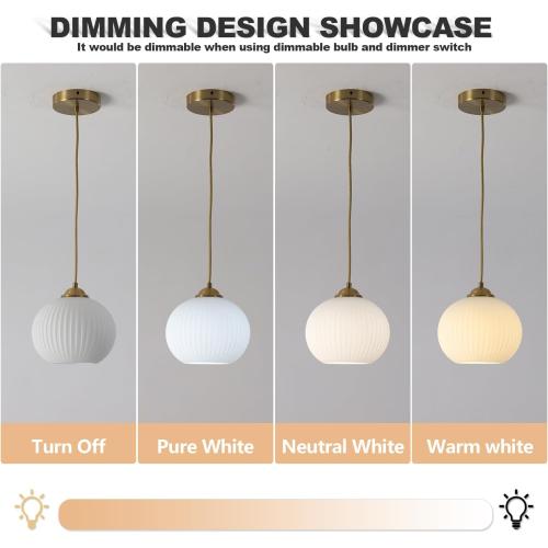 KCO Lighting Mid Century 1-Light Globe Pendant Light Industrial Vintage Brass Gold Pendant Lighting Fixture Kitchen Island Adjustable White Glass Hanging Ceiling Lights
