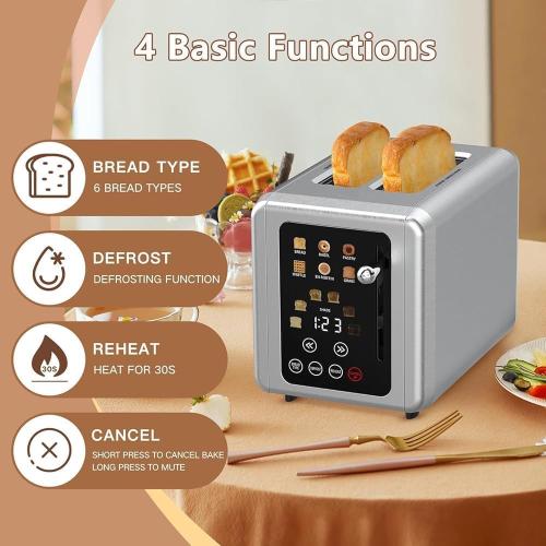 2-Slice Touchscreen Smart Toaster, Stainless Steel Toaster with Sound Function and Digital Timer, 6 Bread Types and 6 Shade Settings