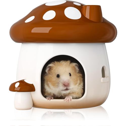 BUCATSTATE Hamster Hideout Ceramic, Mushroom Shape Hamster House and Habitats Cool Bed Ideal for All Season Dwarf Hamster Gerbil Mice Golden Bear (Brown-Large)