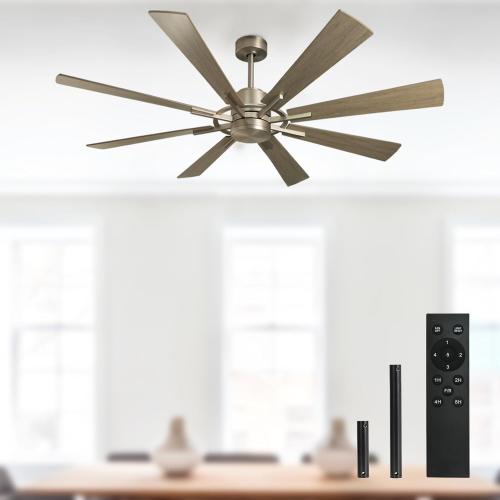 Large Ceiling Fan No Lights, 60 Inch 8 Blade DC Motor Fan for Indoor Farmhouse Bedroom Living Room Outdoor Patio 1/2/4/8H Timer, Grey