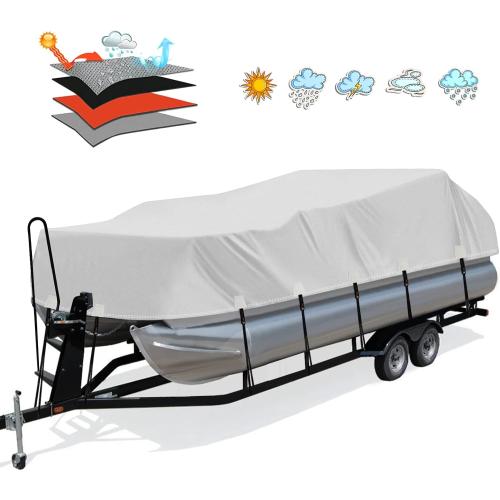 Solim Trailerable 1200D PU Heavy Duty Pontoon Boat Cover, 16-18ft Marine Grade Waterproof UV Resistant Oxford Polyester Canvas Cover, Boat Cover for Pontoon with Adjustable 16 Tie Down Straps, Gray