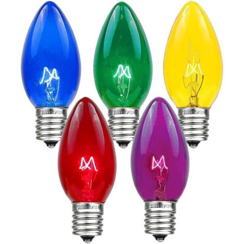 Novelty Lights Incandescent Christmas Replacement Bulbs - Indoor/Outdoor Individual Bulbs for Christmas Tree, Display, & More - C9/E17 Intermediate Base, 7 Watt Lights (Multi, 25 Pack)