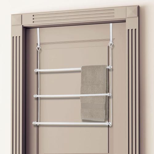 MyGift 3 Tier White Metal Over The Door Bathroom Towel Rack, Small Space Extra Storage Towel Bar Hanger