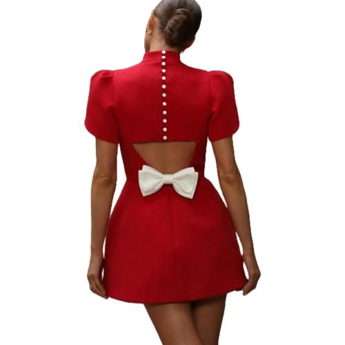 ANKOMINA Women's Medium Elegant Bow Backless Hollow Out Mini Dress Sexy Turtleneck Pad Shoulder Dresses for Party Evening
