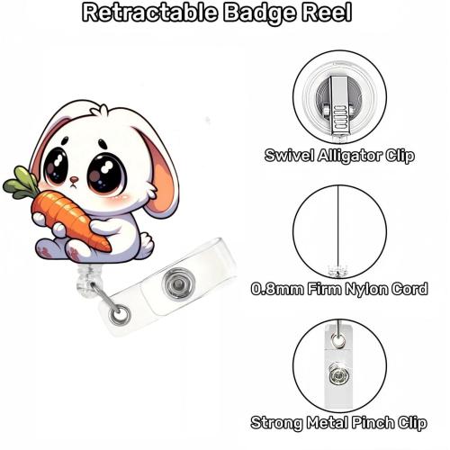 Easter Badge Holder Retractable Happy Bunny Badge Reel with Alligator Clip Funny Rabbit Holding Carrot ID Name Tag Acrylic Badge Reel for Students School Medical Assistant ID Badges Name Tag Card