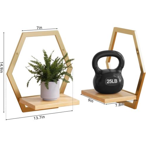 3 Pack Solid Wood & Heavy Duty Metal Wall Plant Stands,9inch Natural Wood Shelf, Boho Arch Hanging Planter for Indoor 25 LB Load for Plants, Flowers, Herbs Golden