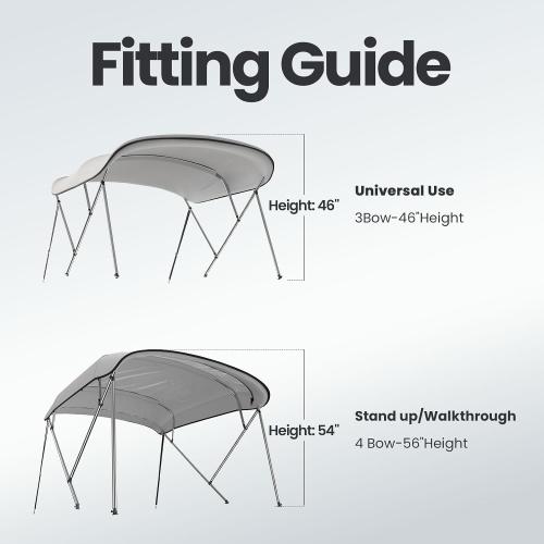 3-4 Bow Bimini Boat Top Cover Sun Shade Boat Canopy Waterproof 1 Inch Stainless Aluminum Frame 46 Height with Rear Support Poles and Storage Boot 6 Colors -11 Sizes