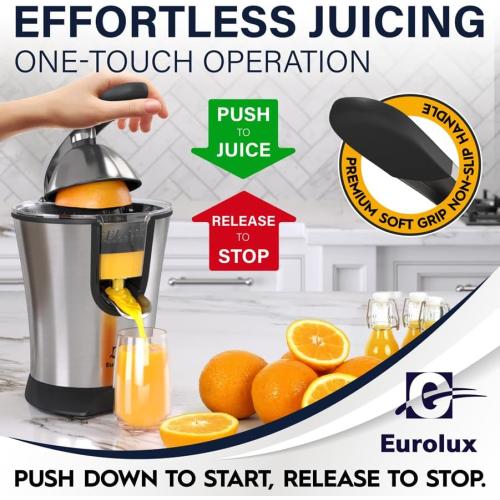 Eurolux Premium Electric Orange Juicer | Stainless Steel Citrus Squeezer With New Ultra-Powerful Motor and Soft Grip Handle for Effortless Juicing, Auto Shutoff, Dishwasher-safe Parts, Pulp Control
