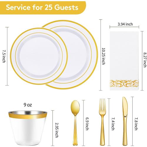Goodluck 175 Piece Gold Dinnerware Set for 25 Guests, Plastic Plates Disposable for Party, Include: 25 Dinner Plates, 25 Dessert Plates, 25 Paper Napkins, 25 Cups, 25 Gold Silverware Set