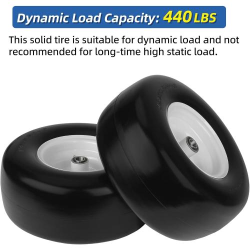 13x6.50-6 Flat Free Lawn Mower Tire and Wheel, Solid Smooth Zero Turn Mower Front Tire Assembly, with 3/4 & 5/8 Bearing, 4-6.5 Centered Hub, Compatible with Lawnmower Garden Tractor, 2 Pack