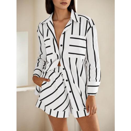 Size S.... Womens Striped 2 Piece Outfits Button Down Shirts and Shorts Lounge Matching Sets
