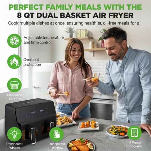 NutriChef Double Basket Air Fryer 8.8 QT | Family Size Oil Free Digital Cooker with Transparent Window | 9-1 Preset Cooking Options | 360° Hot Air Circulation Technology | 4.4 QTs per Basket | Black