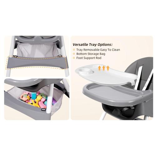 Baby High Chair, 6 in 1 Convertible High Chairs for Babies and Toddlers, Toddler Feeding Chair with Double Removable Tray, Adjustable Footrest & Machine Washable Cushion（Light Gray）