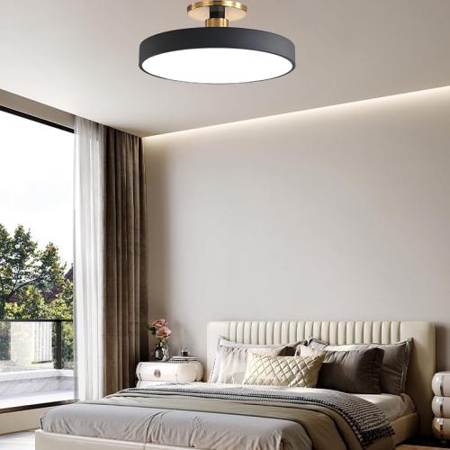 Modern LED Semi Flush Mount Ceiling Light Black 48W Mid Century Flush Mount Ceiling Lamp Acrylic Hallway Ceiling Light Nordic Vintage Round Ceiling Lights Fixtures for Bathroom Porch Bedroom