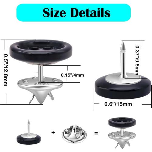 ZLMCUJE 10 Sets 15mm(3/5) 4-Hole Black Resin Button,Safety Pins,No Sewing,No Tool,Reusable for Clothes(Shirts,Cardigans,Pants,ect.) DIY Crafts