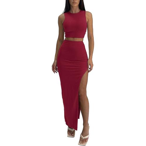 Size S ELLEVEN Sexy 2 Piece Maxi Skirt Sets for Women - Knit Bodycon Crop Tank Top and High Slit Skirt Dress Set, Summer Outfits