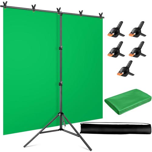 Green Screen Backdrop Kit, 5 x 6.5 ft Portable Chromakey Green Screen with T-Shaped Stand & Carrying Bag & 5 Clamps, Greenscreen Background for Streaming, Gaming, Zoom