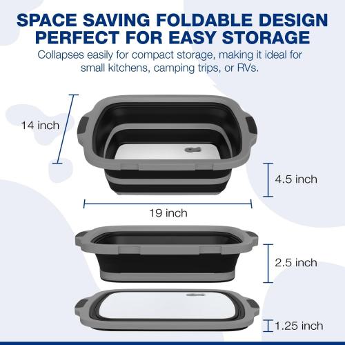 2-Pack XL Collapsible BBQ Prep Tub with Built-In Cutting Board, Lid & Strainer – Marinate, Drain & Prep – Large Food-Safe Container – Perfect for Grilling, Smoking & Outdoor Cooking (Black)
