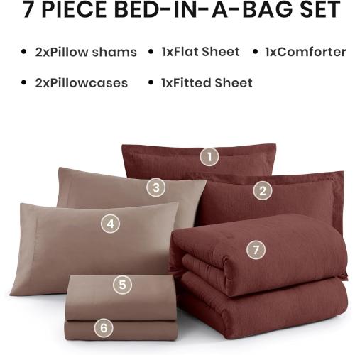 Monbix California King Comforter Set - 7 Pieces Cationic Dyeing Dark Red Bed in a Bag Cal King Bedding Sets with Comforter, Sheets, Pillowcases & Shams, Reversible Bedding Comforters Sets (108 * 92)