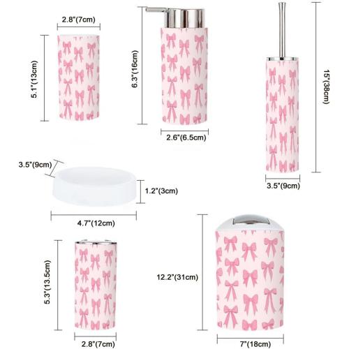 Bathroom Accessory Set 6 Piece Boho Cute Coquette Seamless Pattern Bow Delicate Pink Trendy Patterned Trash can, Toothbrush Holder, Soap Dispenser, Soap Dish, Toothbrush Cup, Toilet Brush Holder