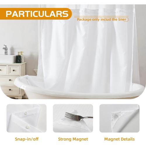 eachope 1 Pack Fabric Snap-in Shower Curtain Liner Replacement,Compatible with No Hook Shower Curtain with Snap in Liner, Removable & Water-Repellent,Machine Washable,70x54,White